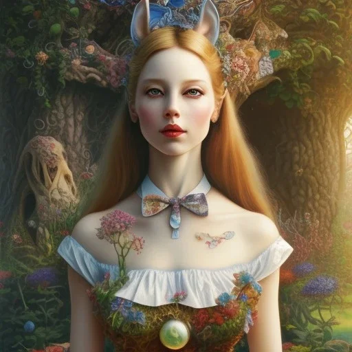 whole portrait of "Alice in the wonderland",blu eyes more ,elegant,smiling, by Chie Yoshii background Olivetrees in style of salvatore Dali