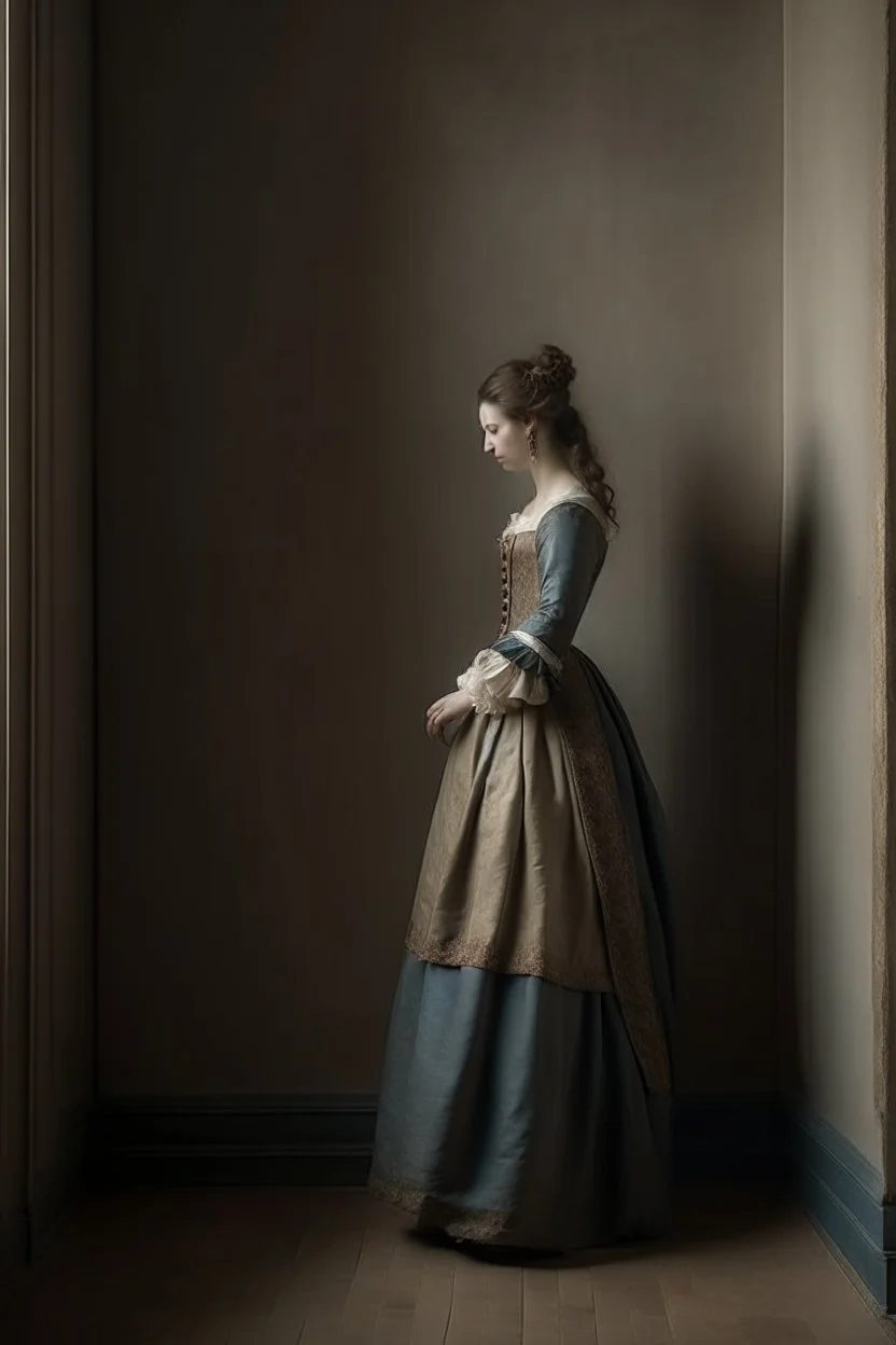 woman with XVIII siecle dress leaning against the wall, realistic style, full figure frontal view