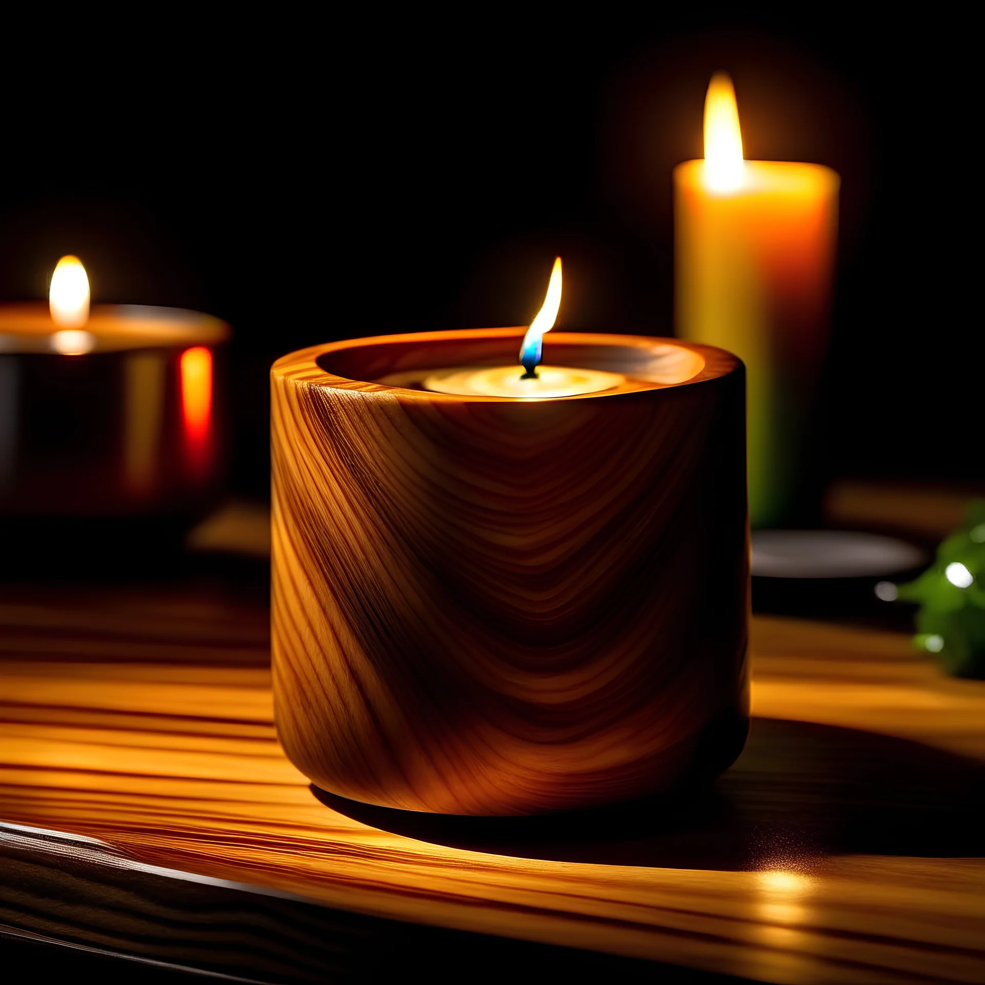 a wooden candle jar with excessive grain, on a table, with lit candle