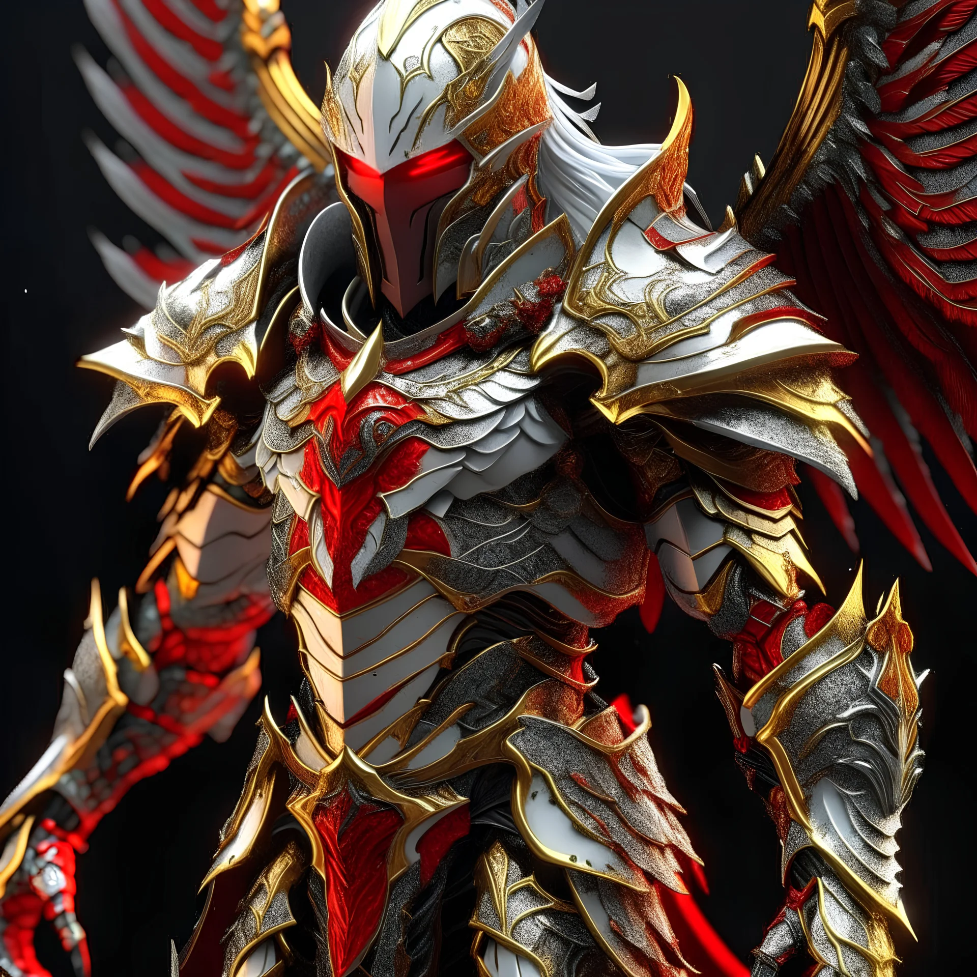 silver and gold knight armor with glowing red eyes, and a ghostly red flowing cape, crimson trim flows throughout the armor, the helmet is fully covering the face, black and red spikes erupt from the shoulder pads, crimson and gold angel wings are erupting from the back, crimson hair coming out the helmet, spikes erupting from the shoulder pads and gauntlets, flying through a hell scape