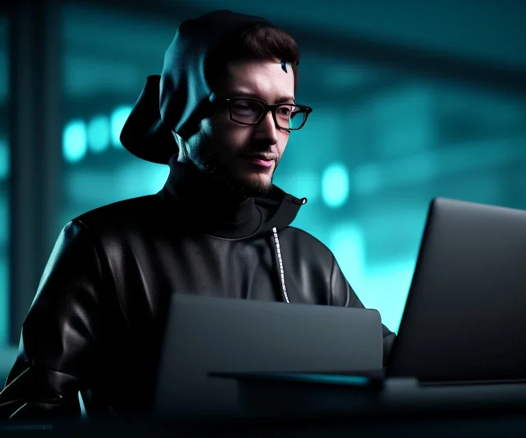 hacker, running with a black laptop, cyberpunk