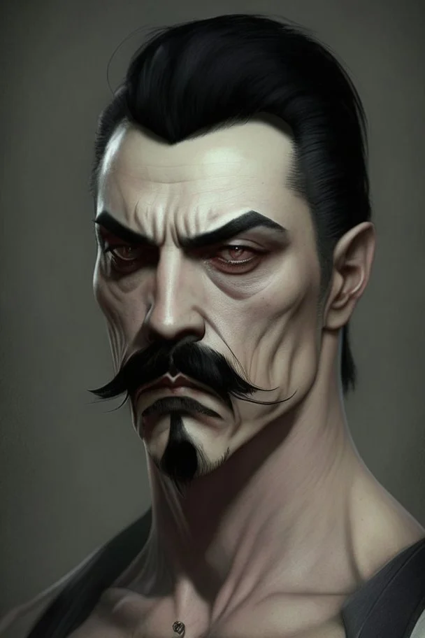 short wirey lean muscular trimmed goatee moustache sterm serious short black hair pale skin ghoul