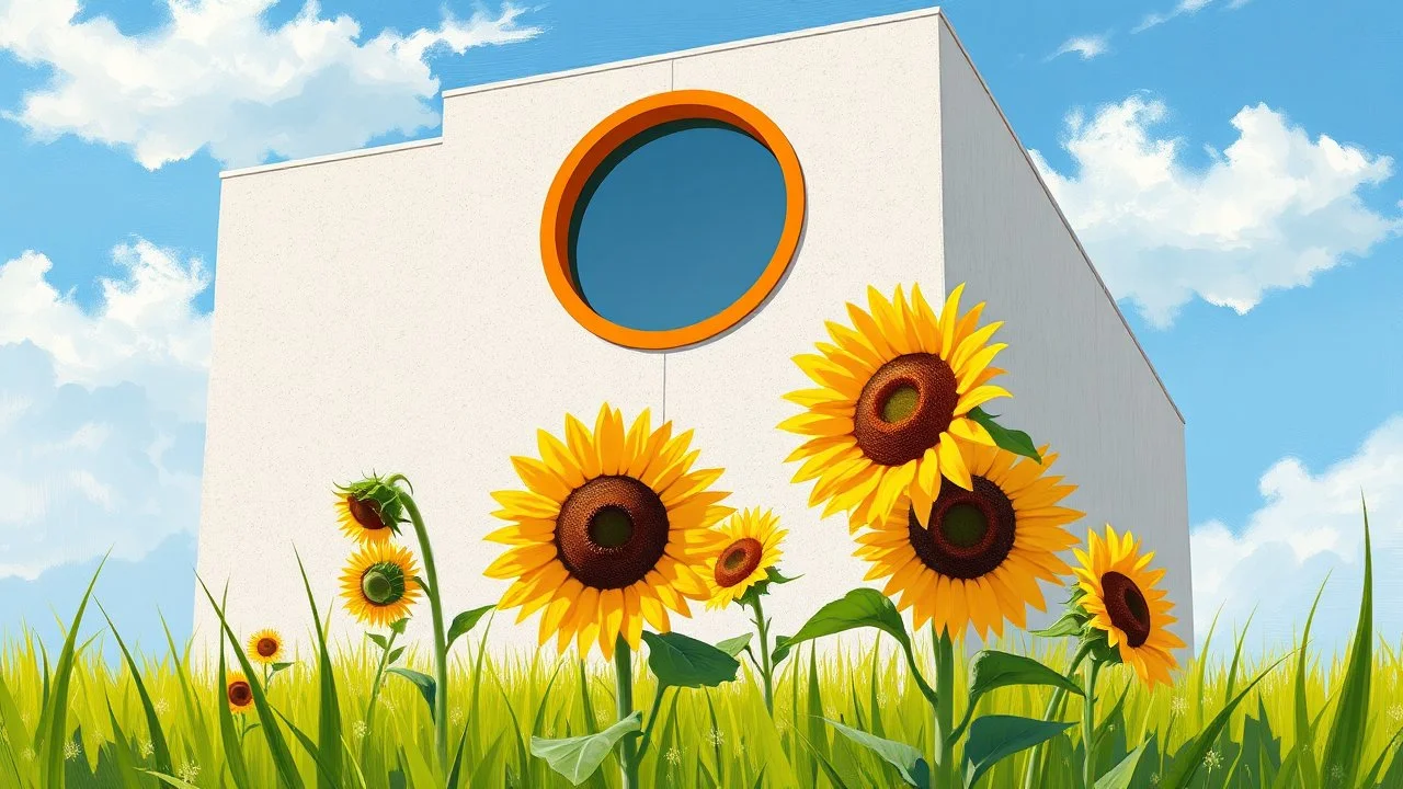 a painterly impressionist depiction of a modern building with a large circular window, filled with orange framing, set against a bright blue sky with soft clouds. The building's exterior is a textured off-white. In the foreground, vibrant green grass and several sunflowers in various stages of bloom are depicted with bold, energetic brushstrokes. The scene captures a bright, sunny day with strong contrasts between light and shadow, rendered in a style reminiscent of oil painting with visible bru