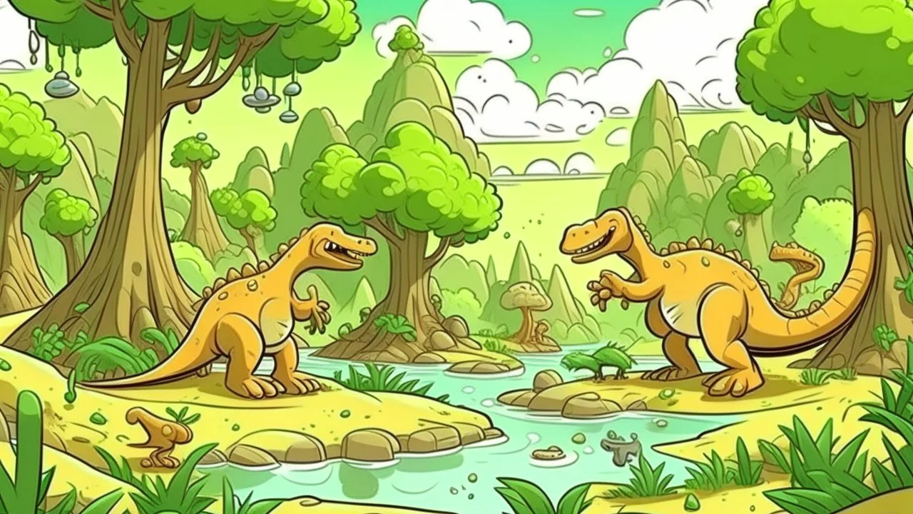 Cartoon illustration for children: jurassic millions of years ago, with towering prehistoric trees, bubbling mud pits