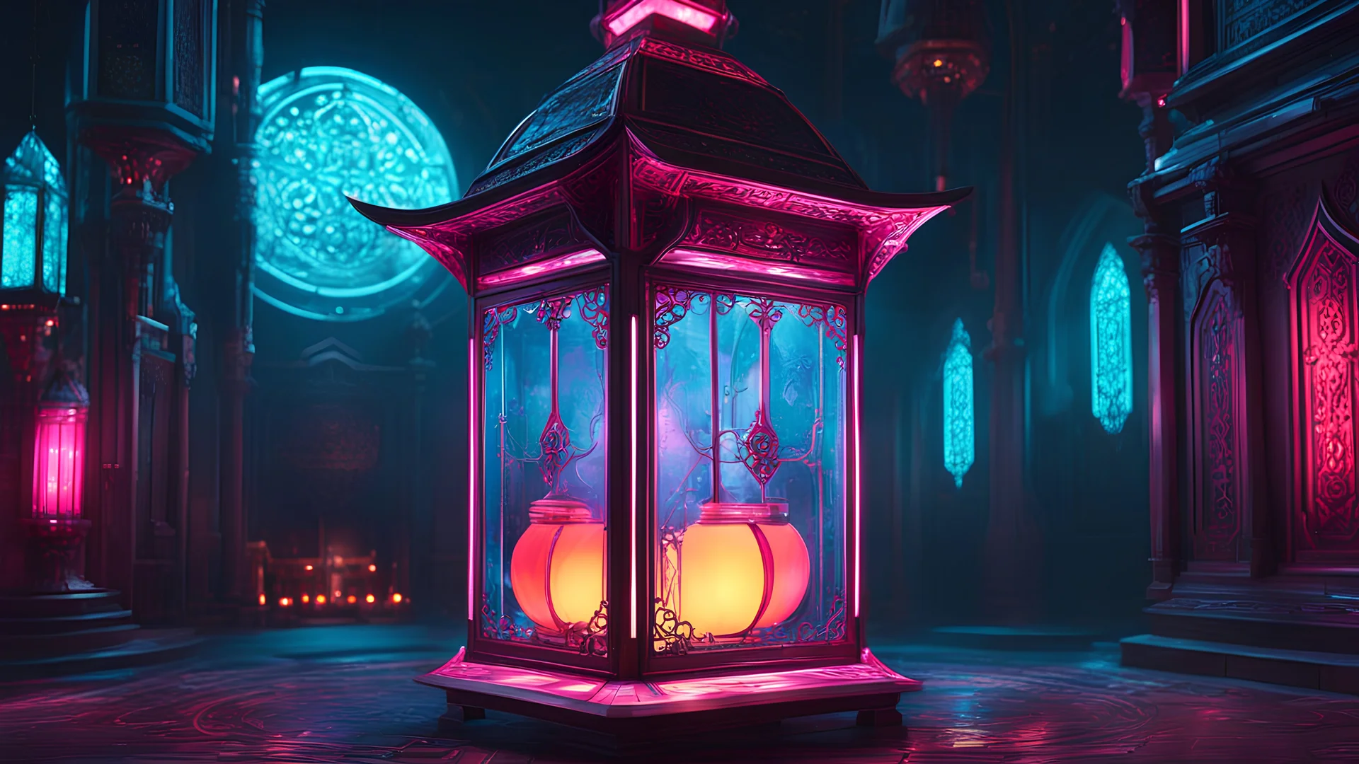 Cyberpunk 3D illustration of a colorful and colorful image of a lantern, in the style of 2d game art, mysterious backdrops, gothic realism, dark cyan and pink, disney animation, persian miniature, detailed world-building, smooth 3d digital art, exquisite thee-dimensional rendering, 4K, blender, c4d, octane render , disney style 3d light, Zbrush sculpt, high detail realistic cloth, concept art, Zbrush high detail, pinterest Creature Zbrush HD sculpt, neutral lighting, 8k detail