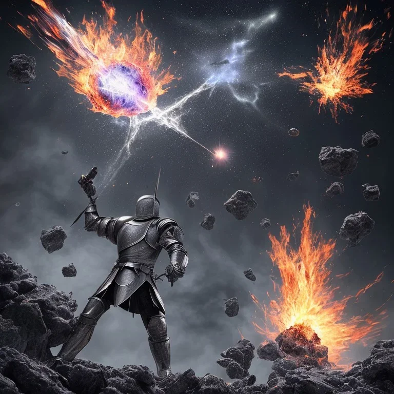 Heavy rain. Epic Lighting in the night sky. Knight with magic scroll in hand. Falling burning meteorite from the sky. Fireball. Meteorite burning in the distance. Dark black mud.