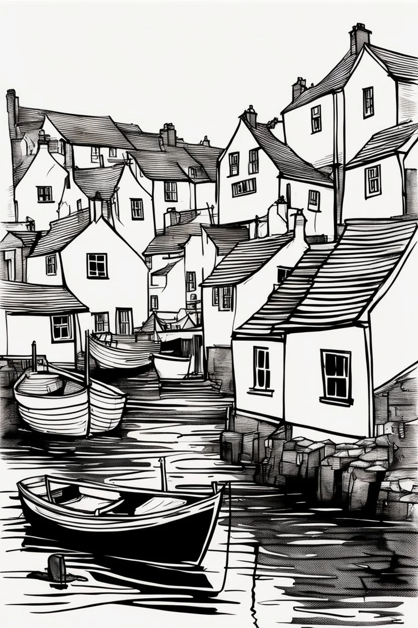 English fishing village ink minimalist loose outline sketch