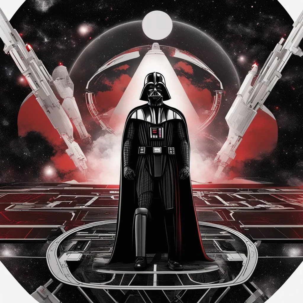 digital illustration of darth vader, space background, badasss, ultra cool, dark ambient, red eyes