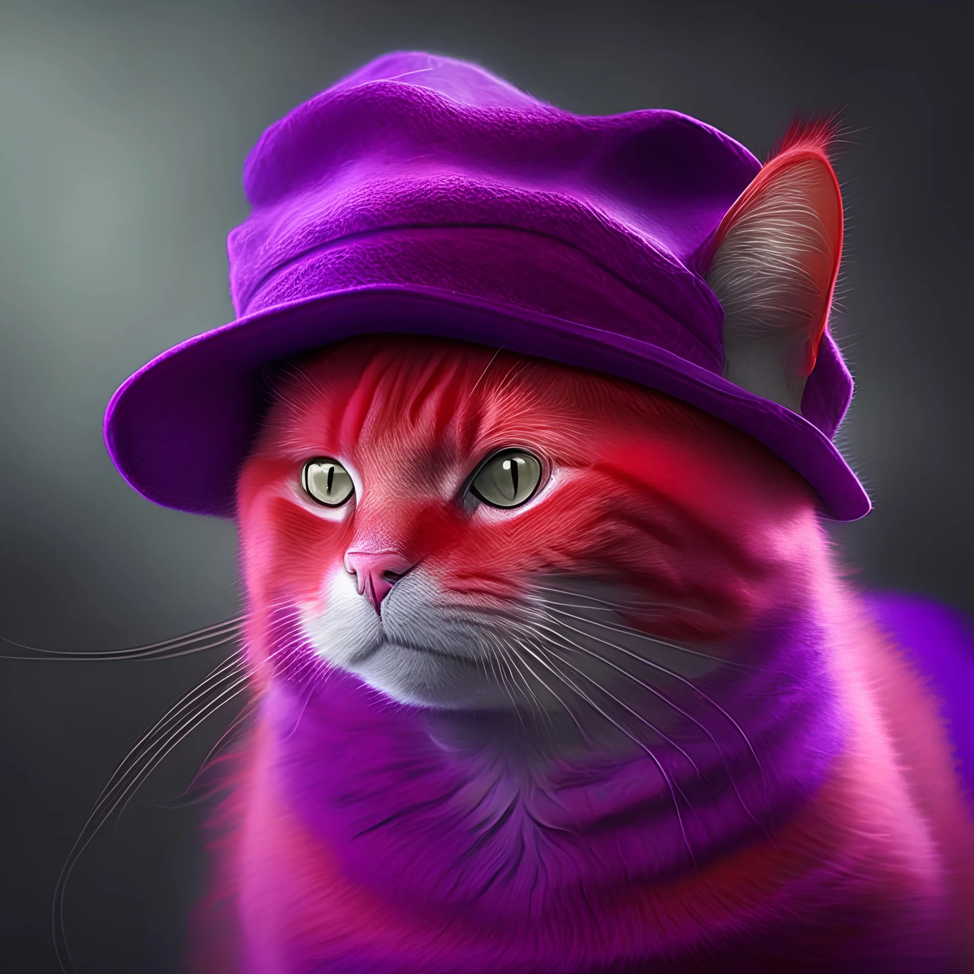 red cat wearing a purple hat