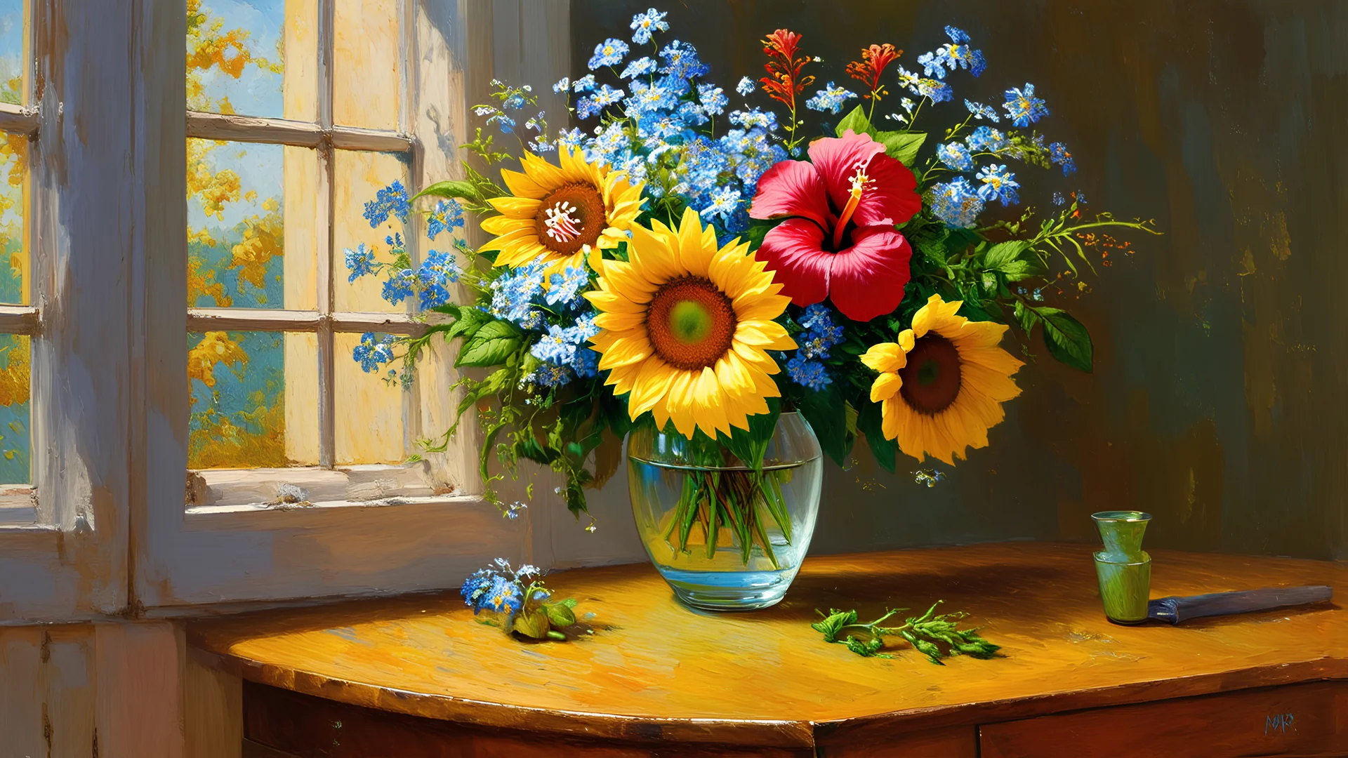 Realistic oil painting, still life of vibrant colorful flowers - forget-me-nots, hibiscus, and sunflowers in a vase on a wooden table, intricate details by Jan van Eyck and Vincent Van Gogh, soft natural lighting from a window.