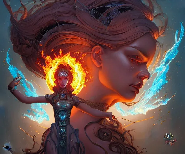 Four doll divine representing each one the four elements: Fire: Earth: Air: Water. Mark Brooks and Dan Mumford, comic book art, perfect, smooth elemental galactic space core. Detailed photograph, WLOP, Unreal Engine 5 volumetric lighting Insanely intricate face hair lashes hyper detailed painting by Ismail Inceoglu Huang Guangjian and Dan Witz Central fantasy art album cover art resolution HD