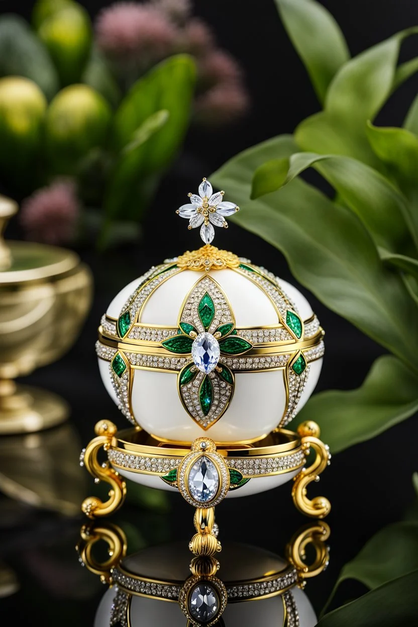 The Fabergé egg formed jewelly box features decorative Swarovski crystals and an enamel finish with the exterior of formed with many stunning gold decorations and studded with diamonds and made from quartz, platinum, and orthoclase with miniature flowers, white crystals, diamonds and made from platinum and gold, and plants made of gold, classic ornaments, high quality, detailed, photography