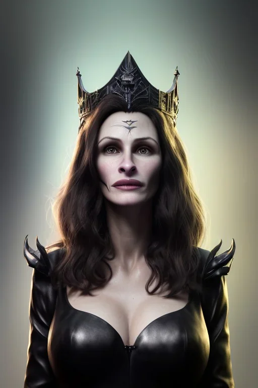 Julia Roberts as evil queen in black leather gown, evil, busty, cleavage, curvy, angry, stern look. character design by cory loftis, fenghua zhong, ryohei hase, ismail inceoglu and ruan jia. unreal engine 5, artistic lighting, highly detailed, photorealistic, fantasy