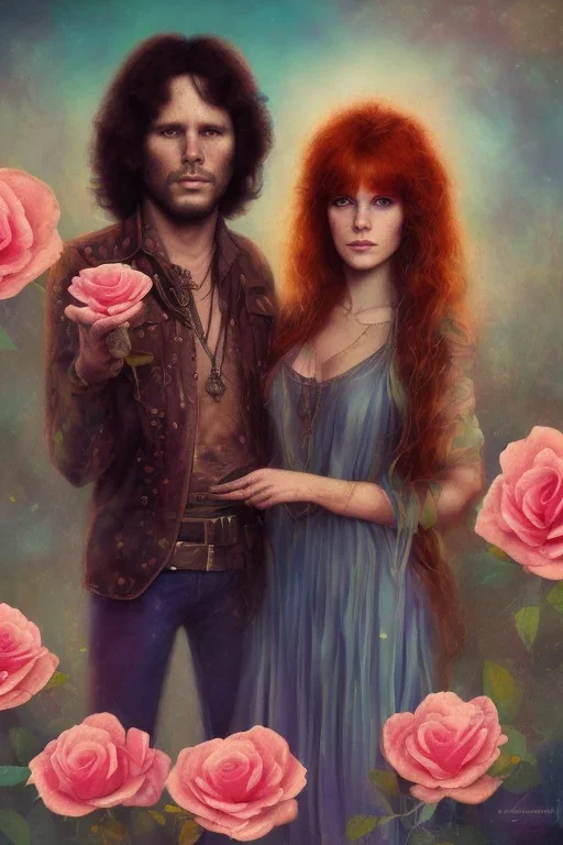 Jim Morrison and Pamela Courson ,music, ignoreNSFW, watermark, bohemian style , blurry,beautiful,elegant,roses, fantasy by ann dittman