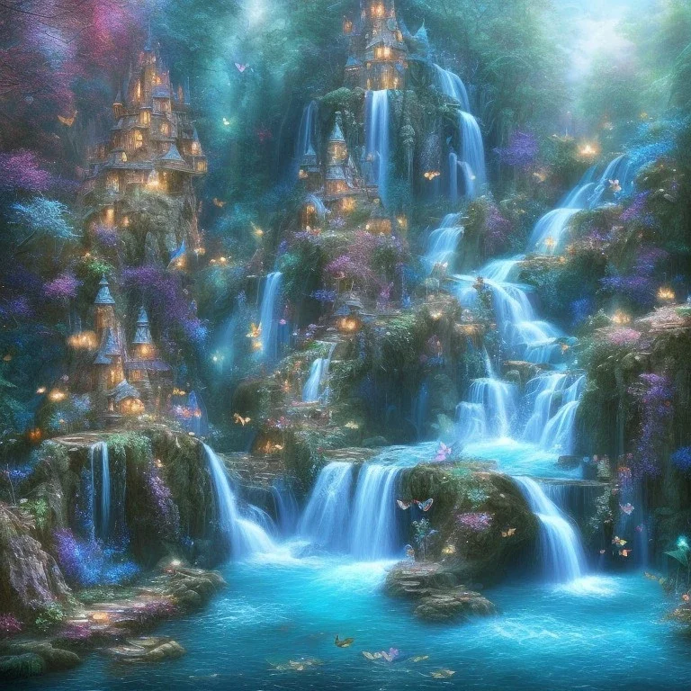 butterflies, turquoise river, waterfalls, fairy castle