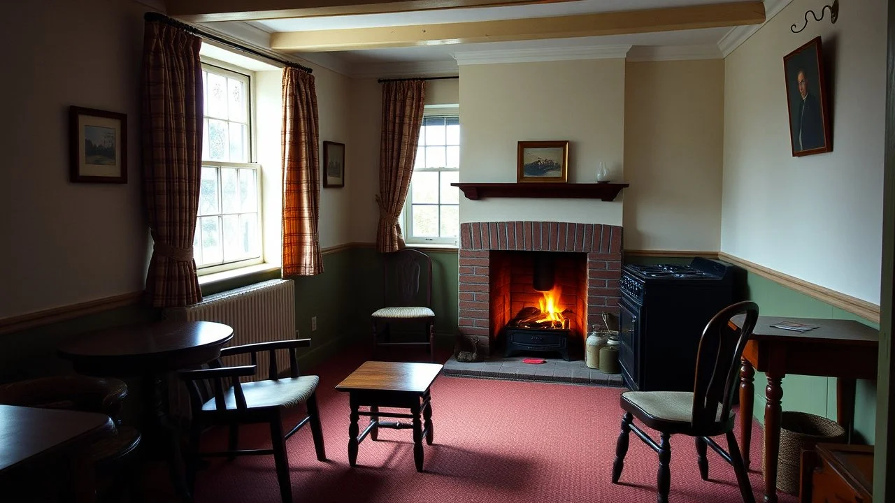 British council-house in 1950, small sitting-room interior, single fireplace with open fire and hob and oven, chairs have four legs, tables have four legs, window, curtains, clean, neat, tidy, frugal, award-winning color photograph, Ultra Realism, 16k, very detailed