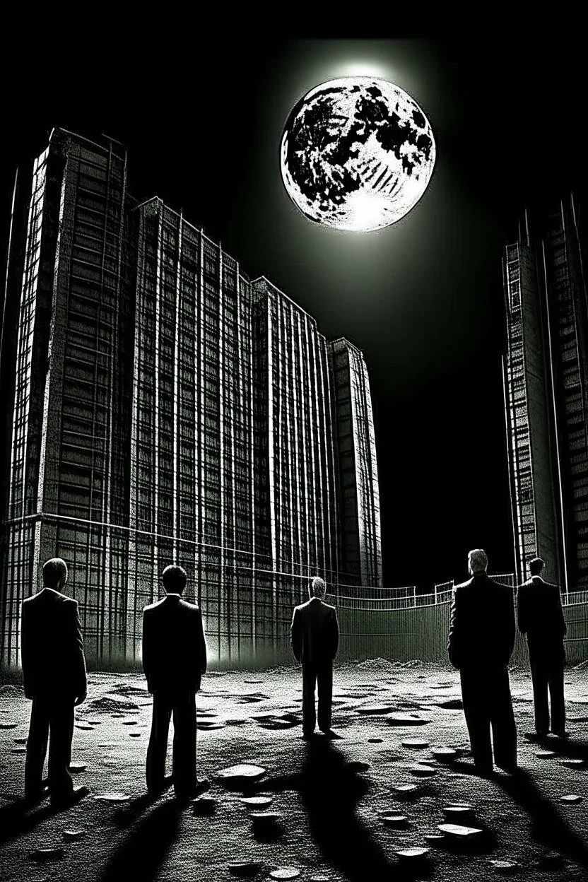 THE MOON HIDDEN SHADOWY FIGURES beuracracy in old abandoned skyskraper meeting big brother STYLE OF HIROKU OGAI