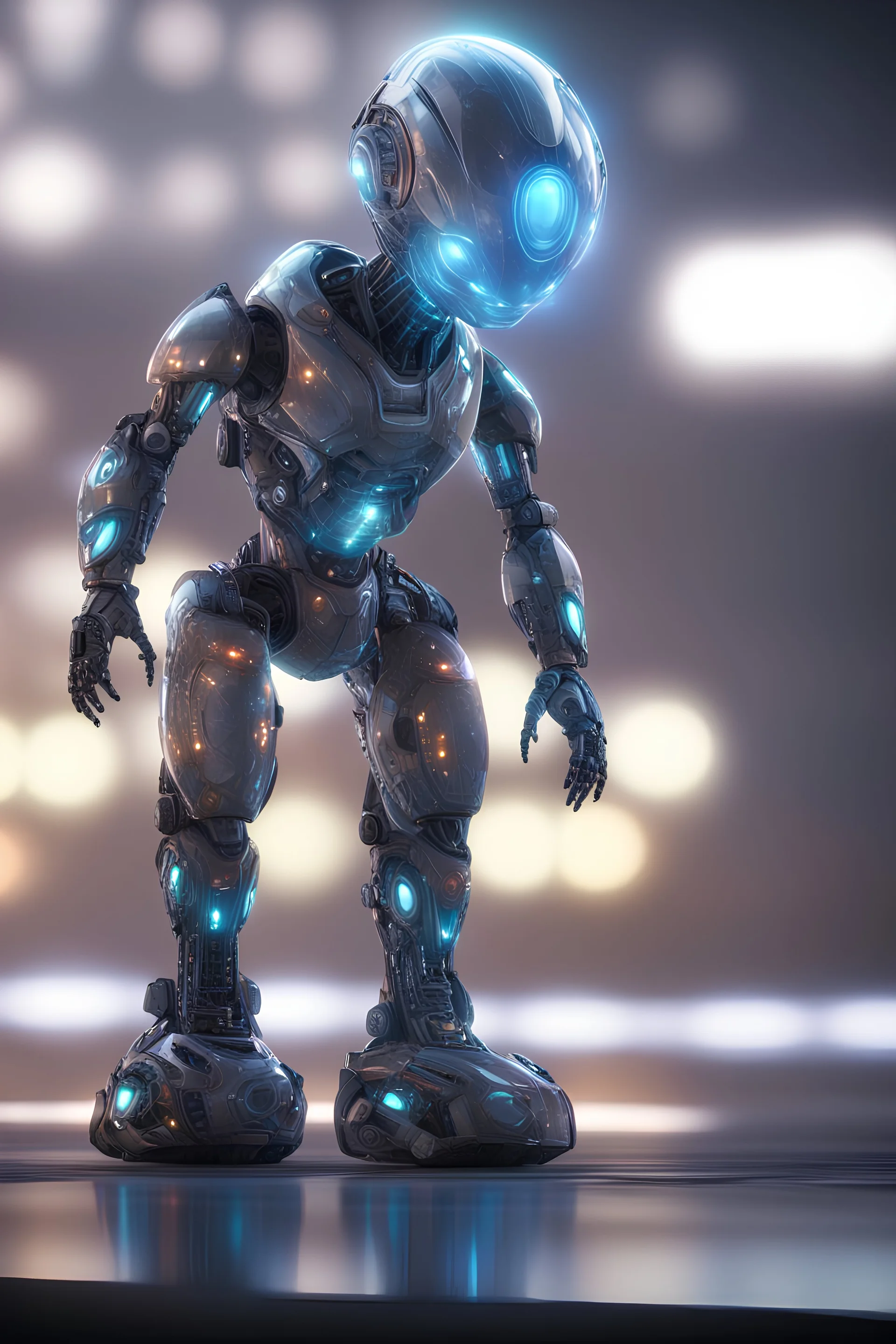 An adorable translucent polycarbonate robot that looks like an alien with an LED screen face, round smooth head, stunning unreal engine render, functional arms and legs, intricate smooth details, polished, shiny, bokeh effect, colorful lights from inside body