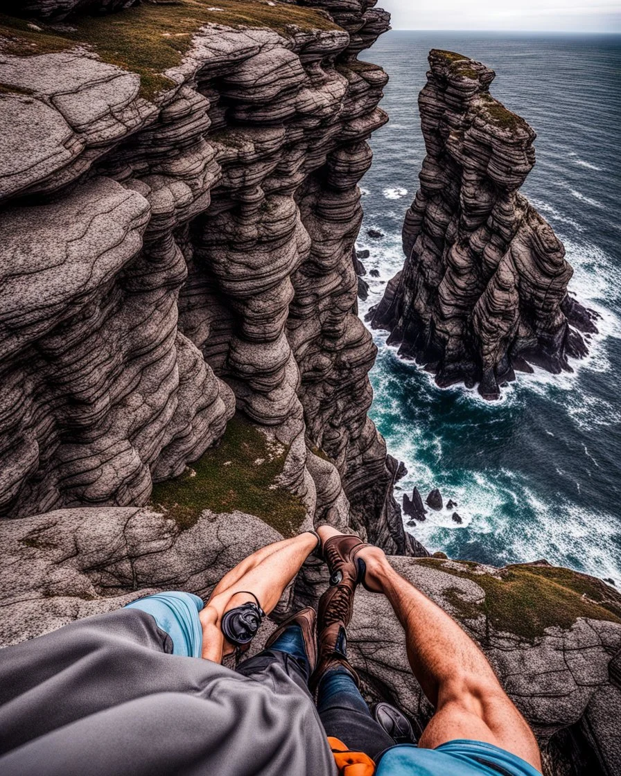 from the point of view of a rock climber, look down at the ocean rocks below as you climb high into the bluffs of ireland. holding on to the cliff face, the ocean below storms and swirls around a giant whirlpool IN THE RENAISSANCE STYLE