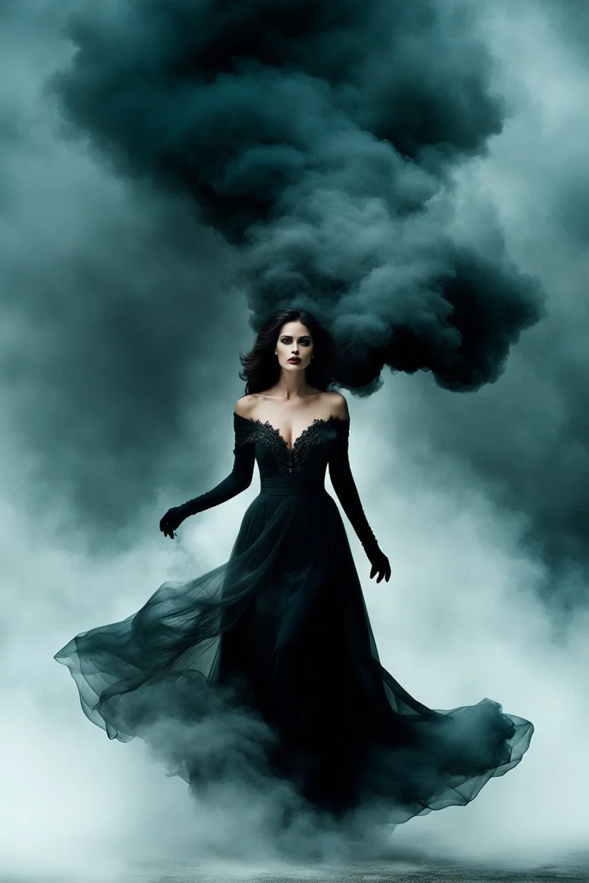 In the depths of the night, a stunningly beautiful demonic woman dressed in dark smoke gracefully through the big smoke, her every movement seeming to exude an otherworldly allure. The dark and mystic atmosphere is heightened by the smoky background, creating a surreal and hauntingly beautiful scene. The dark colors of her dress blend seamlessly with the fog, making her appear as if she is a part of the very air itself, detalied, fantasy