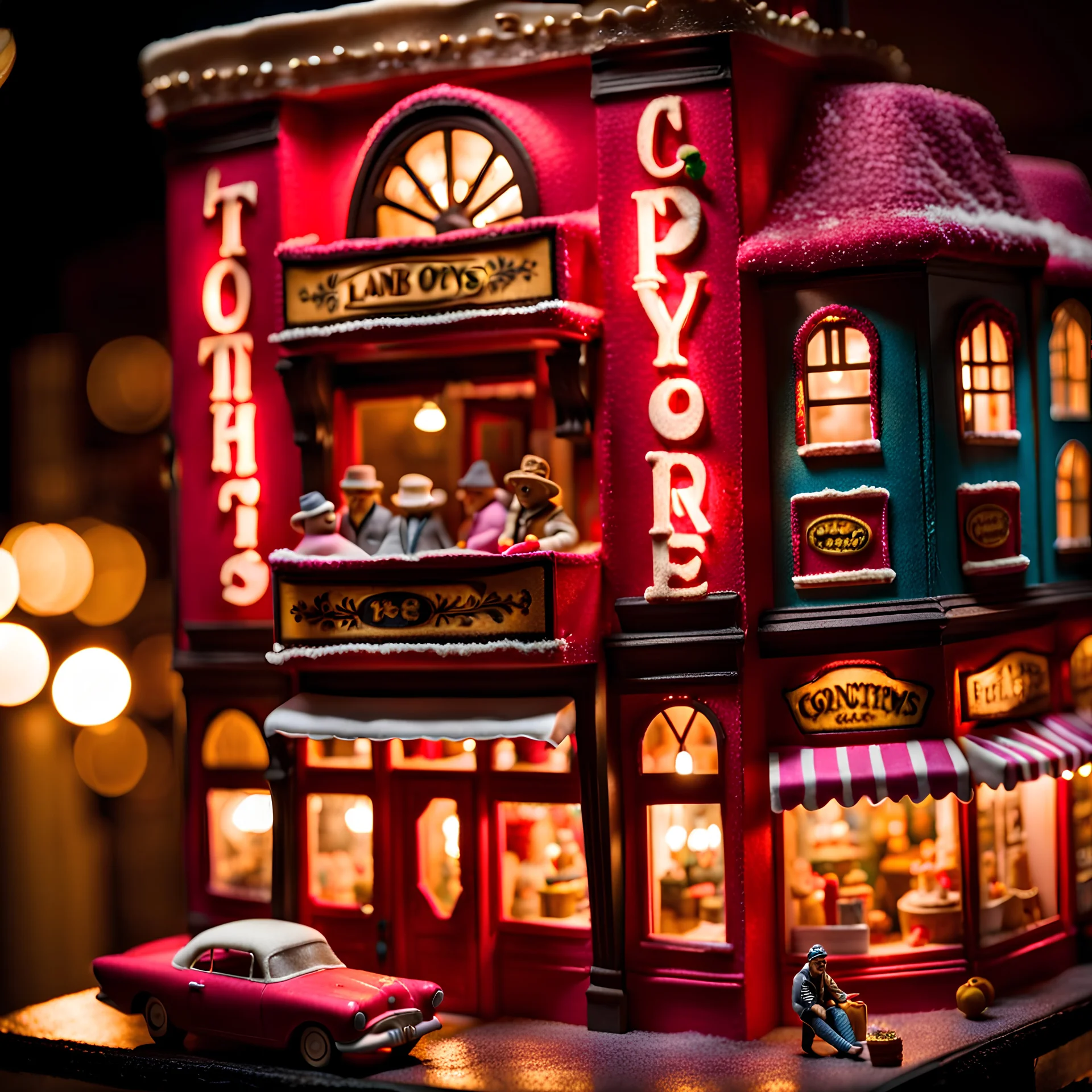 Close-up photograph of a diorama building, city, store, advertising, land-of-toys with detailed vintage toys made of cake-frosting and felt, strong texture, extreme detailed, movie shot, rich moody colors, sparkles, night, nightmare