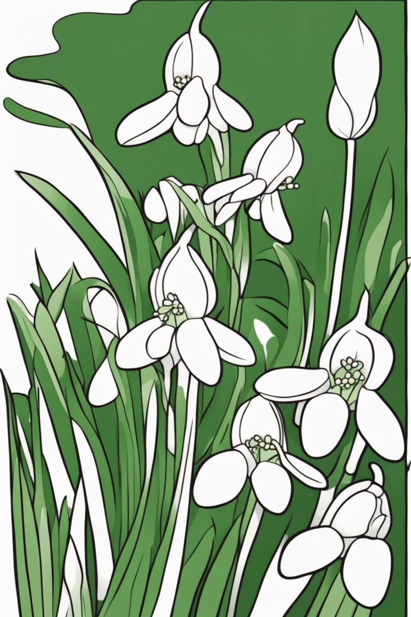 flowers coloring page for kids, snowdrop, cartoon style, thick outline, low details, no shading, no color