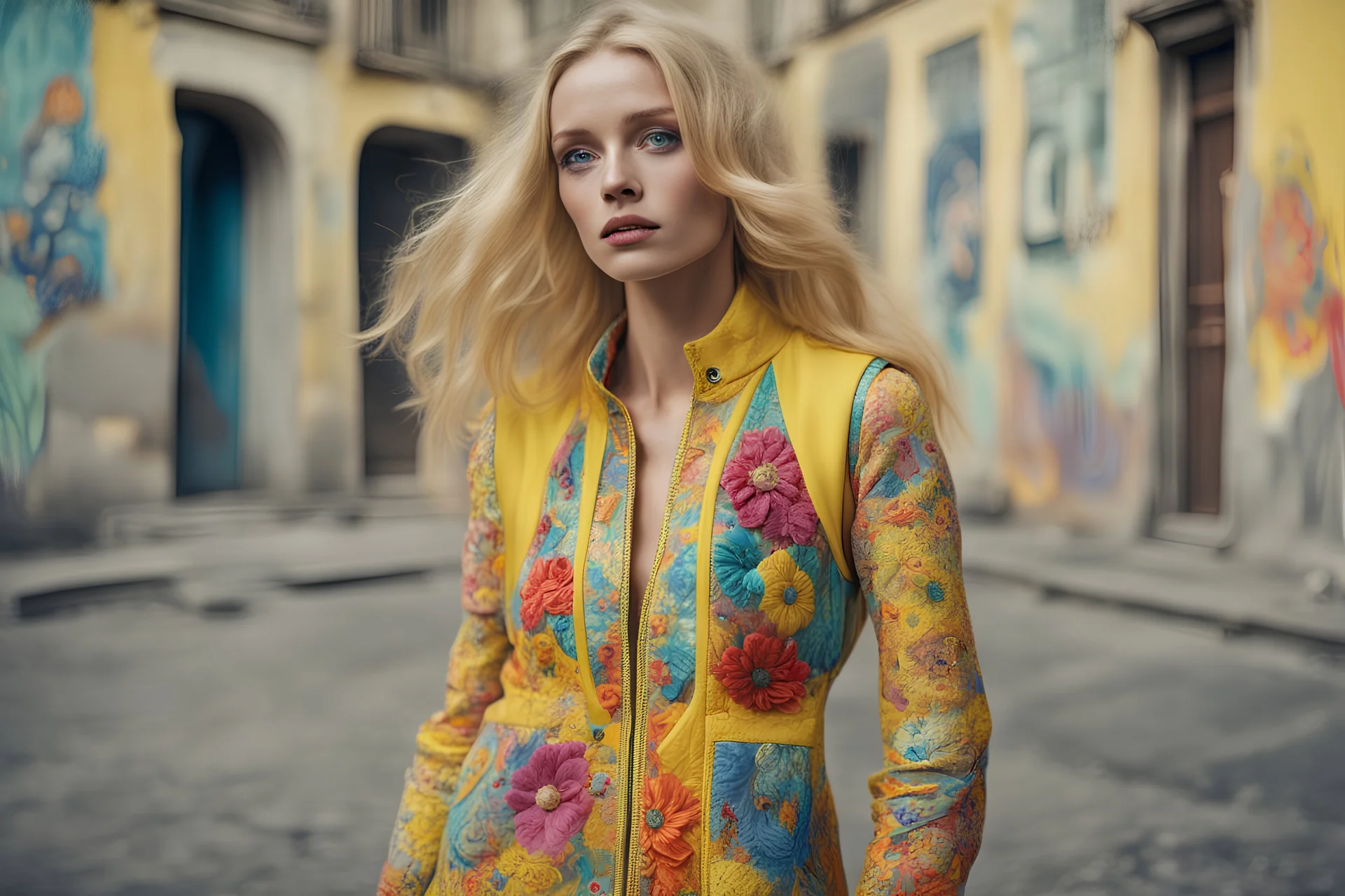 Beautiful blonde woman with freckles, wearing a colorful, vibrant, detailed embroidered dress, medium-full shot, in a bombing Rebels Paris gilet Jaune scene, Smokey fluo, by Max ernst