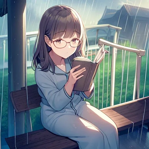 anime girl sitting on a porch swing of an old house, journaling, wearing pajamas, writing in a book, shes watching it rain, more detail on hands and her face,shes deep in her thoughts, wearing glasses, rain drops, she has a pencil in her hand and is writning in the book, she is looking down at what she is writing, lightning, she is writing something in a book, eyes are pointed down