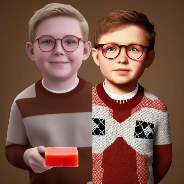 peter billingsley chubby kid with glasses, holding a ((Dark red))soap bar, ((brown))argyle sweater