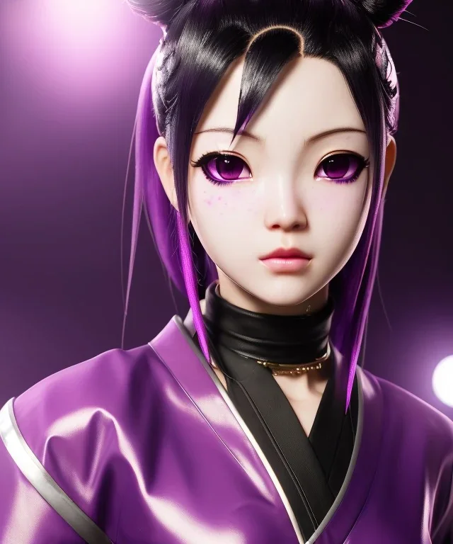 Detailed cute anime Kunoichi girl, purple hair buns, purple bangs, black latex bodysuit, intricate details, full body portrait, keep head in frame, slight smile, black Japanese motif, concept art, highly detailed, digital painting, concept art, sharp focus, illustration, art by Yoji Shinkawa, WLOP and greg rutkowski and alphonse mucha and artgerm and yanjun Chen and Junji ito and Makoto Shinkai, HDR, octane render