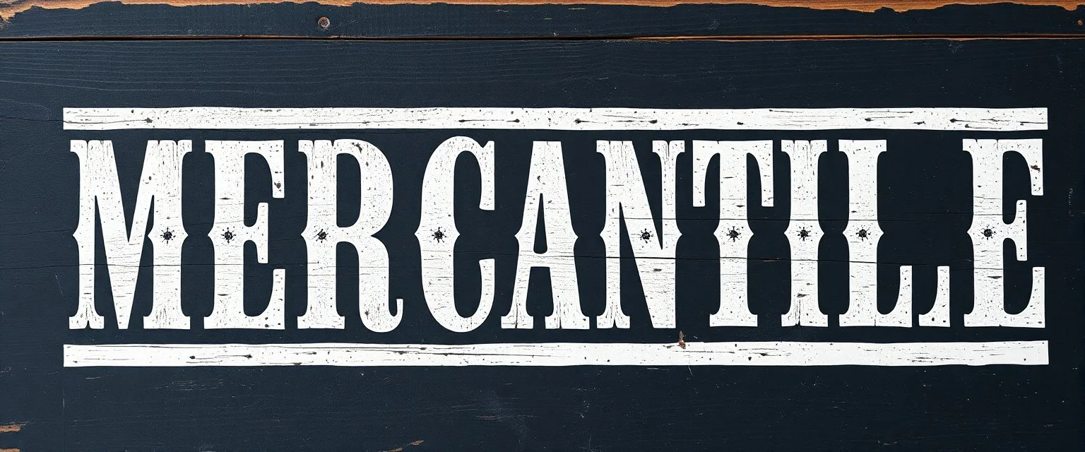 fill composition with large and wide historical hand painted old western sign that reads: "MERCANTILE" white on black with inset white stripe boarder aged paint on wood sanserif