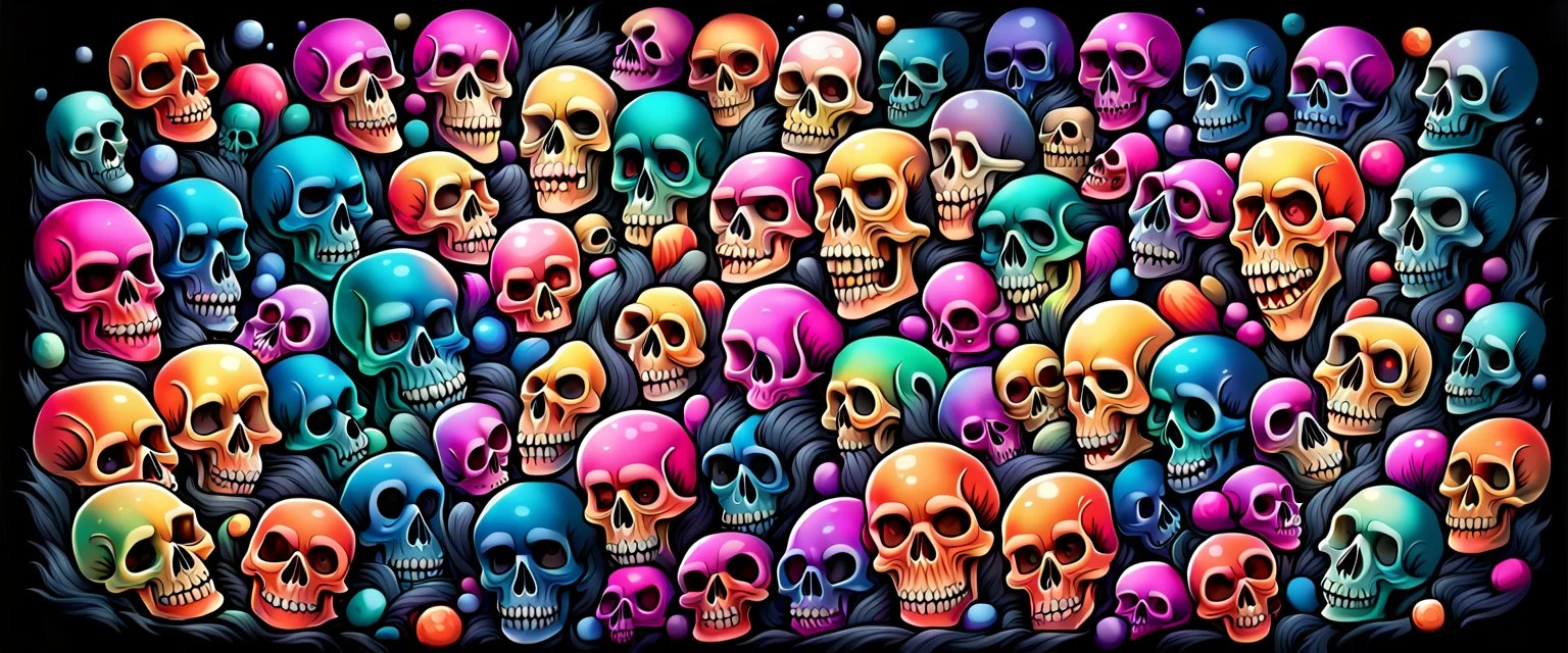 a field of 1000s of cartoonish, anatomically correct, skulls, vivid RANDOM BRIGHT neon colors, dark comedy, well lit, high detail, photorealistic, horrorcore, fun, scary, dead, 100% detail on all drawn, nothing partial or filler, by fictional tattoo artist, all orbiting a black hole