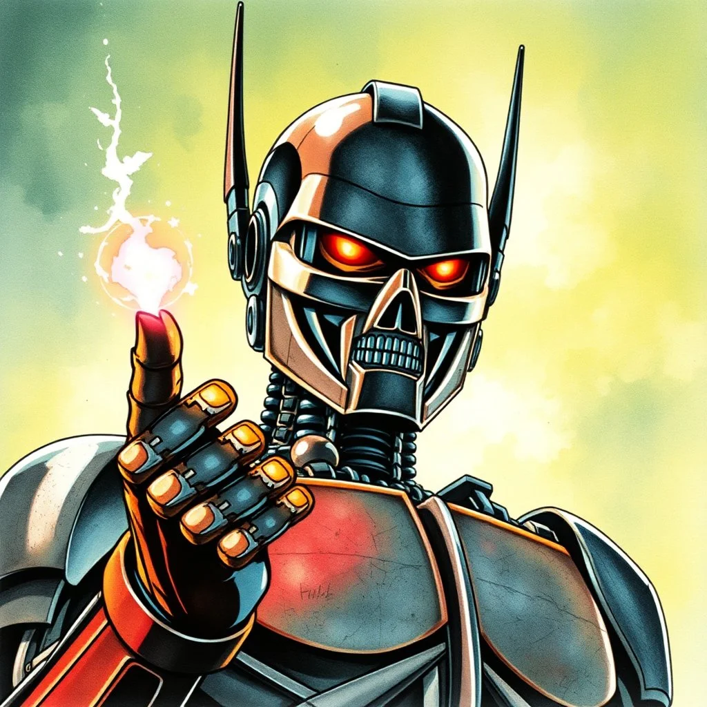 retro anime style, full color, dark serious 1980s anime terminator like robot, moebius artist, magic, watercolor,