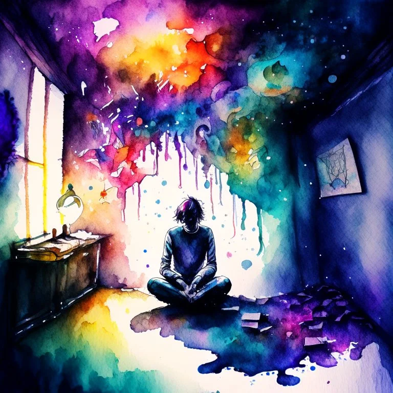 create a watercolour painting , a drug-addicted person is depicted sitting in a dark and dingy room. However, their mind is depicted as a vibrant and colorful dreamscape. The room's walls are covered in mystical symbols, and the person's eyes are closed, showing the viewer the fantastical world they are escaping to in their drug-induced reverie. Strange and beautiful creatures roam this surreal landscape, and the person's addiction is portrayed as a thin, ethereal thread connecting them to this