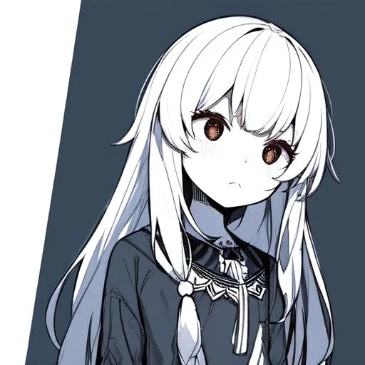 small girl, dead eyes, emotionless face, long white hair, short, cute, Line art