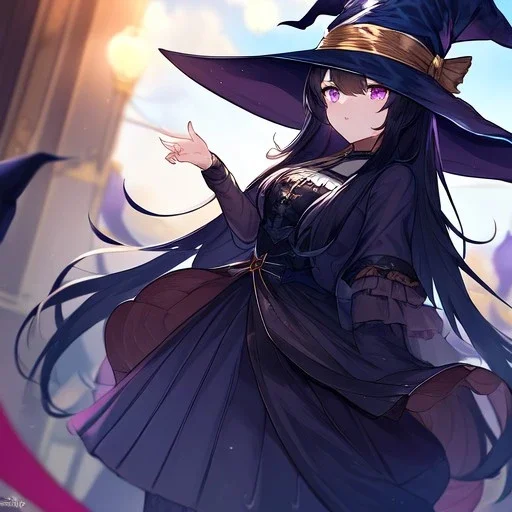 Clear focus,High resolution, black long fluffy hair, long fluffy bangs, purple eyes, wearing a witch outfit, wearing a medium skirt