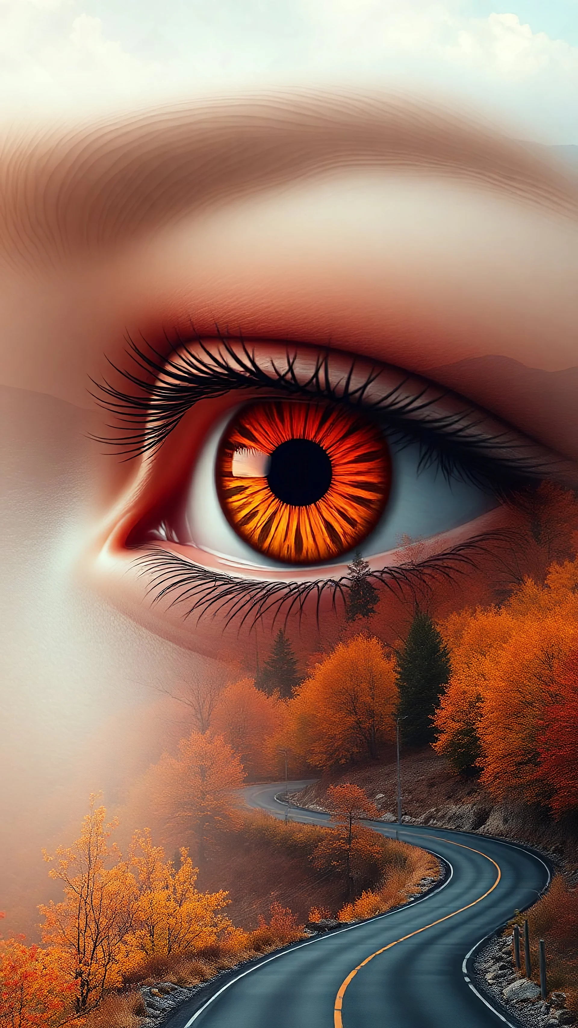 A surreal artwork featuring a human eye with an orange iris set against inside a backdrop of autumnal trees and mountainous scenery. The eye's contours blend seamlessly into the landscape, with a winding road visible in the foreground. The image contrasts soft facial features with vibrant natural elements, creating a dreamlike effect. The overall color palette includes warm oranges, browns, and cool grays, enhancing the sense of harmony between the human and natural worlds.