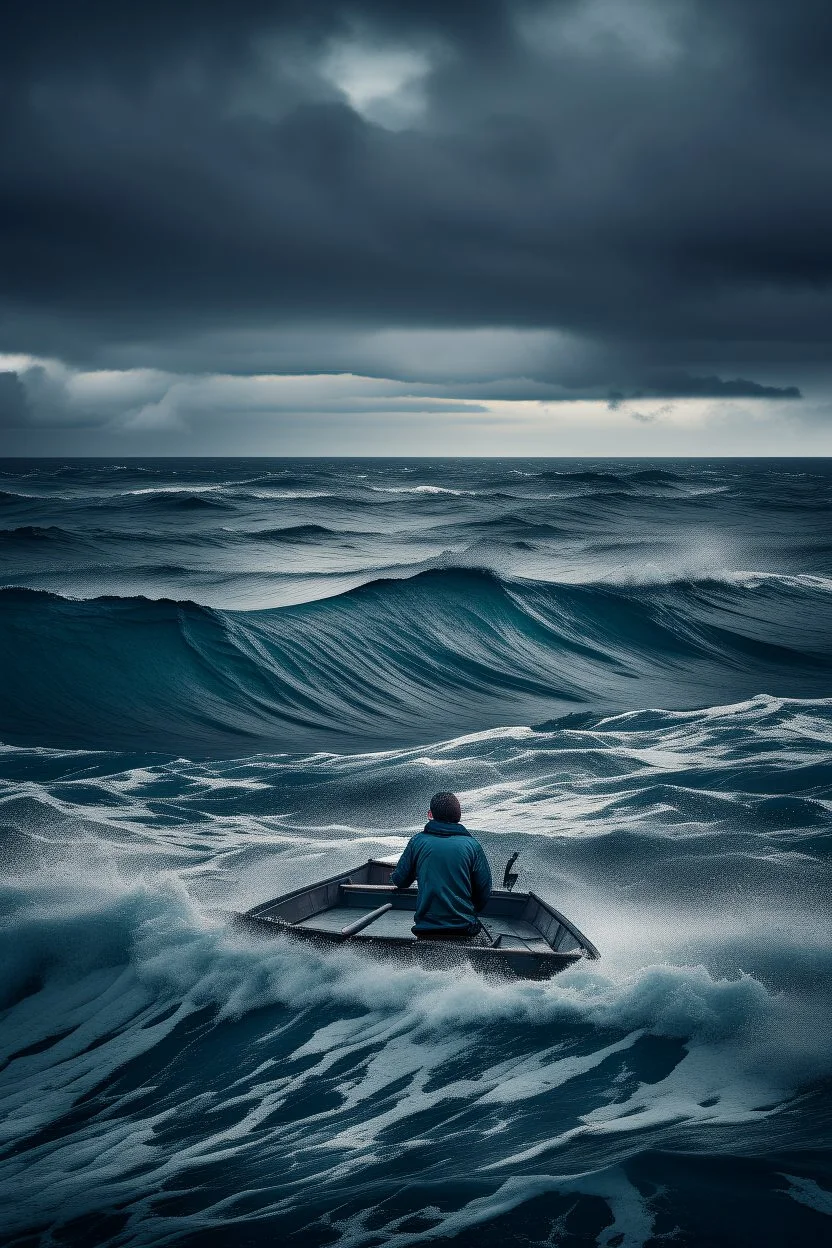 Man sitting in a boat rowing In an rough waves of ocean trying to reach an island in a distance in a bad stormy wether