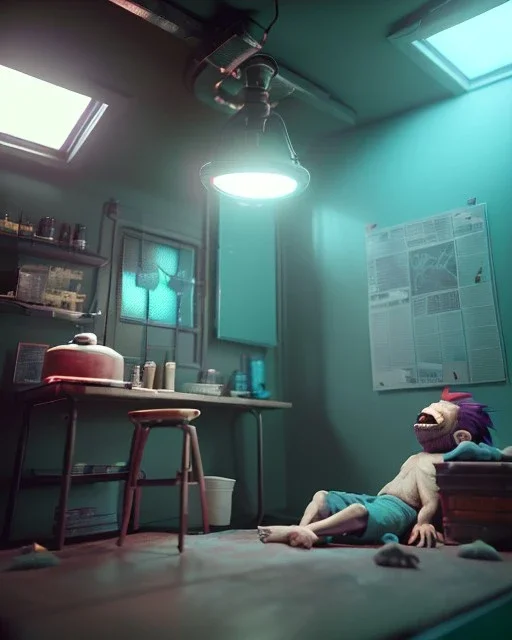 Room boy scene with color hair monster, Steven Spielberg style, realistic photo, sweet, concept art, smooth, unreal engine 5, god lights, ray tracing, RTX, lumen lighting, ultra detail, volumetric lighting, 3d.