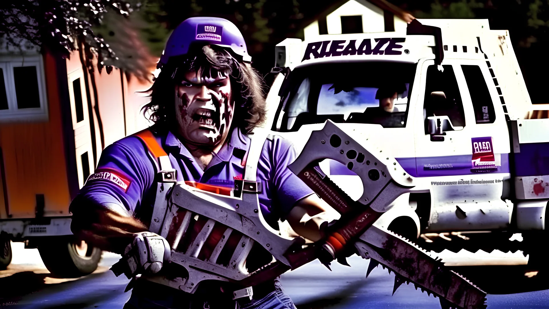 fedex driver holding chainsaw in texas chainsaw massacre style