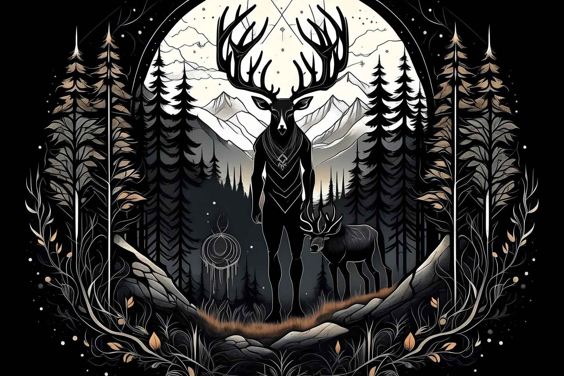 native forest goth with mountains and deer