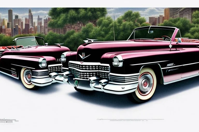 a true-to-life 1949 cadillac series 62 convertible, centered, intricate, extreme detailed, photorealism, center view, city background, pivot on cadillac, pen and color marker painting by cheryl kelley