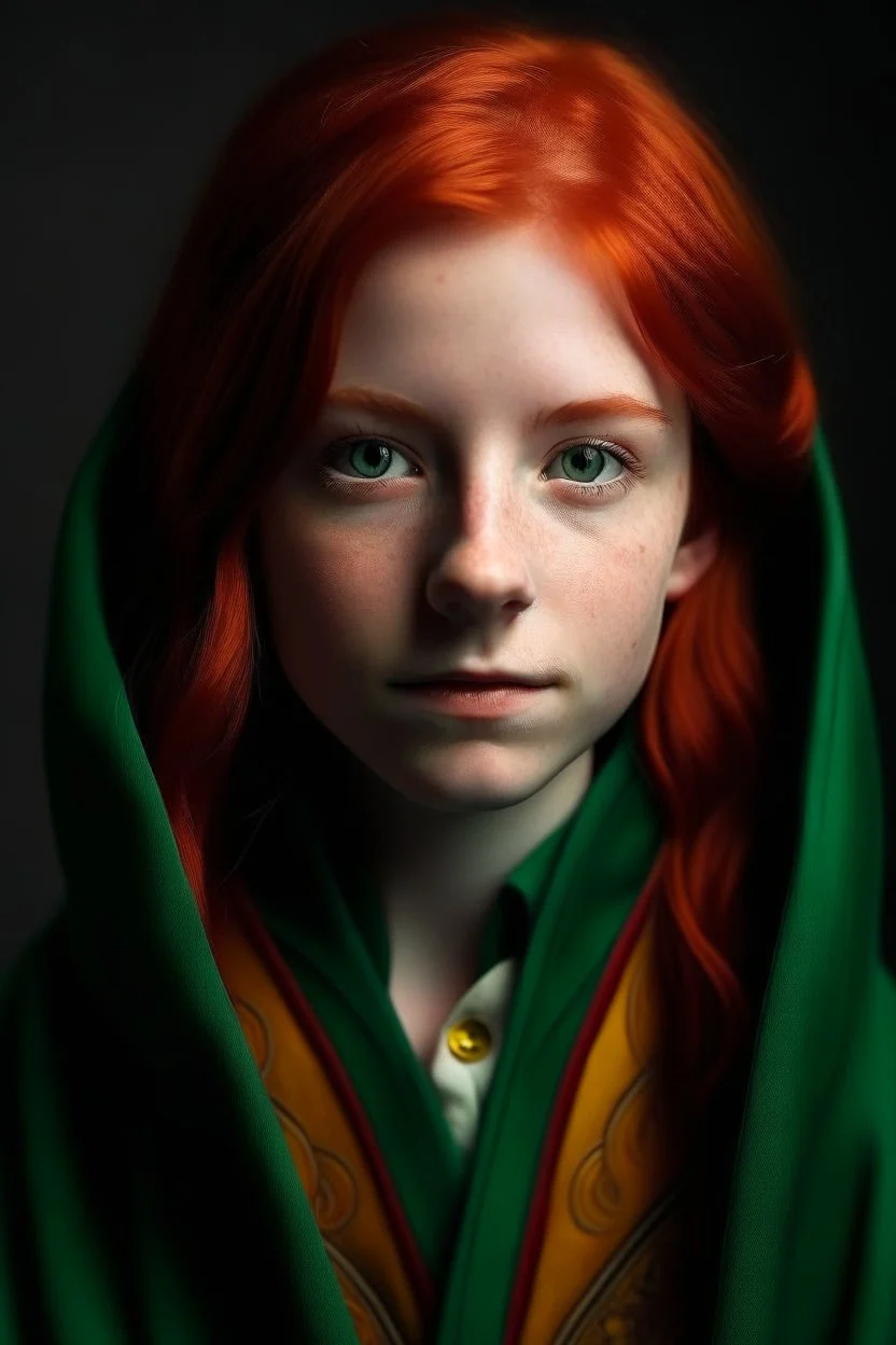 A girl with red hair and green eyes and she is wearing a Hogwarts robe