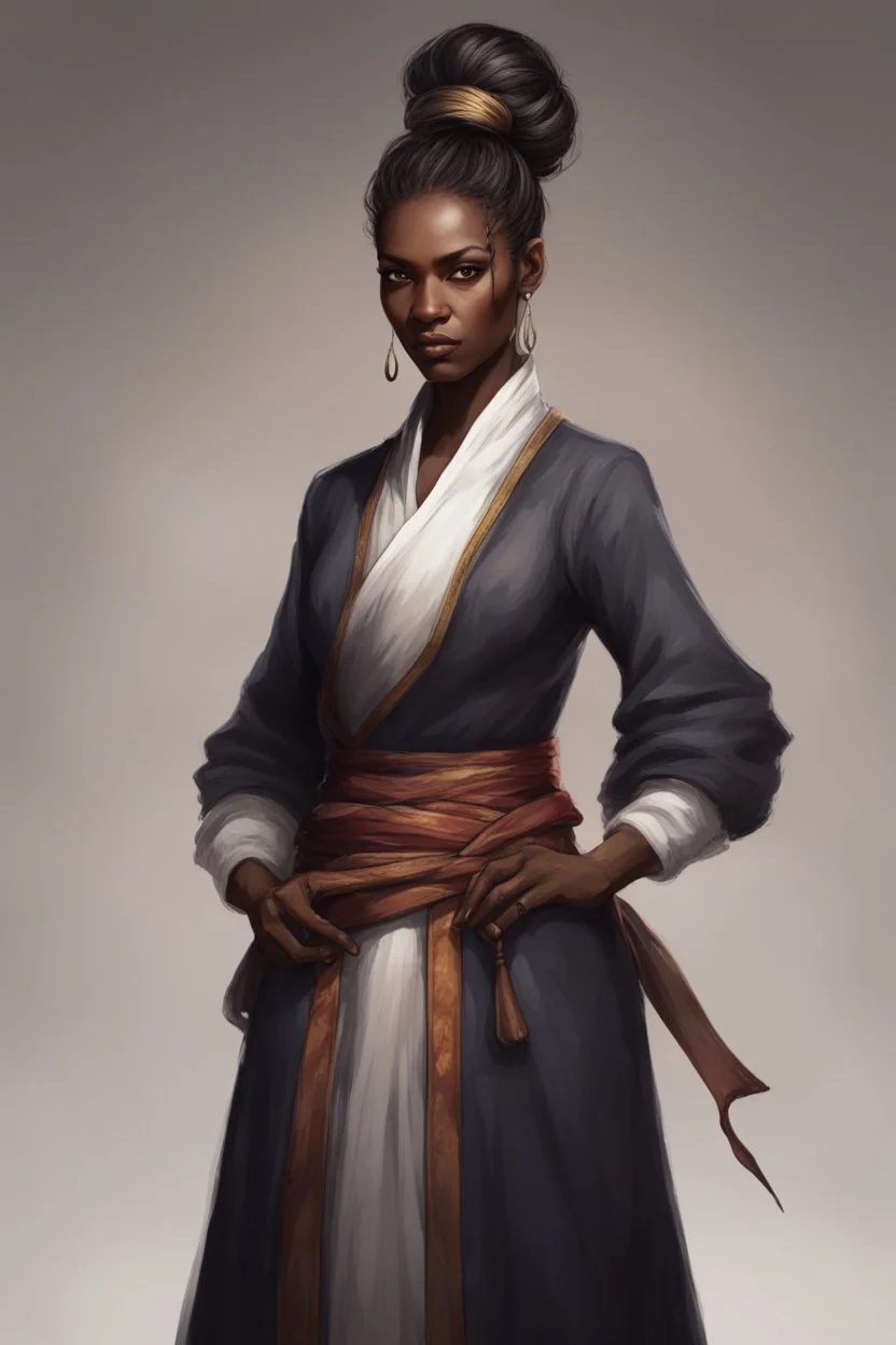 45-year-old sorceress, brown eyes and dark skin, salt and pepper hair tied up in a serious bun, dressed in a diplomatic tunic, with a serious look.