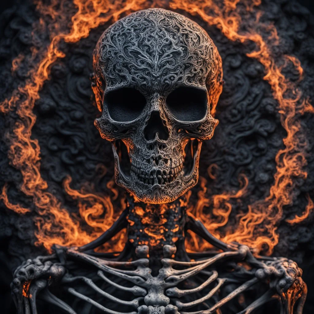 skeleton made of glowing ember, covered in black fluid fire ink, Portrait Photography, Fantasy Background, Intricate Patterns, Ultra Detailed, Luminous, Radiance, beautiful, Ultra Realism, Complex Details, Intricate Details, 16k, HDR, High Quality, Trending On Artstation, Sharp Focus, Studio Photo, Intricate Details, Highly Detailed