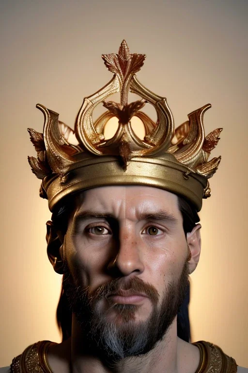 Realistic image, sculpture, white marble material with gold veins, Lionel Messi, gold laurel leaves crown, gold ornaments, Renaissance style, sun rays background, waist up portrait, epic, celestial, cinematic lighting, God lights, 4k resolution, smooth details, soft lighting, unreal engine 5, art station, substance 3d.