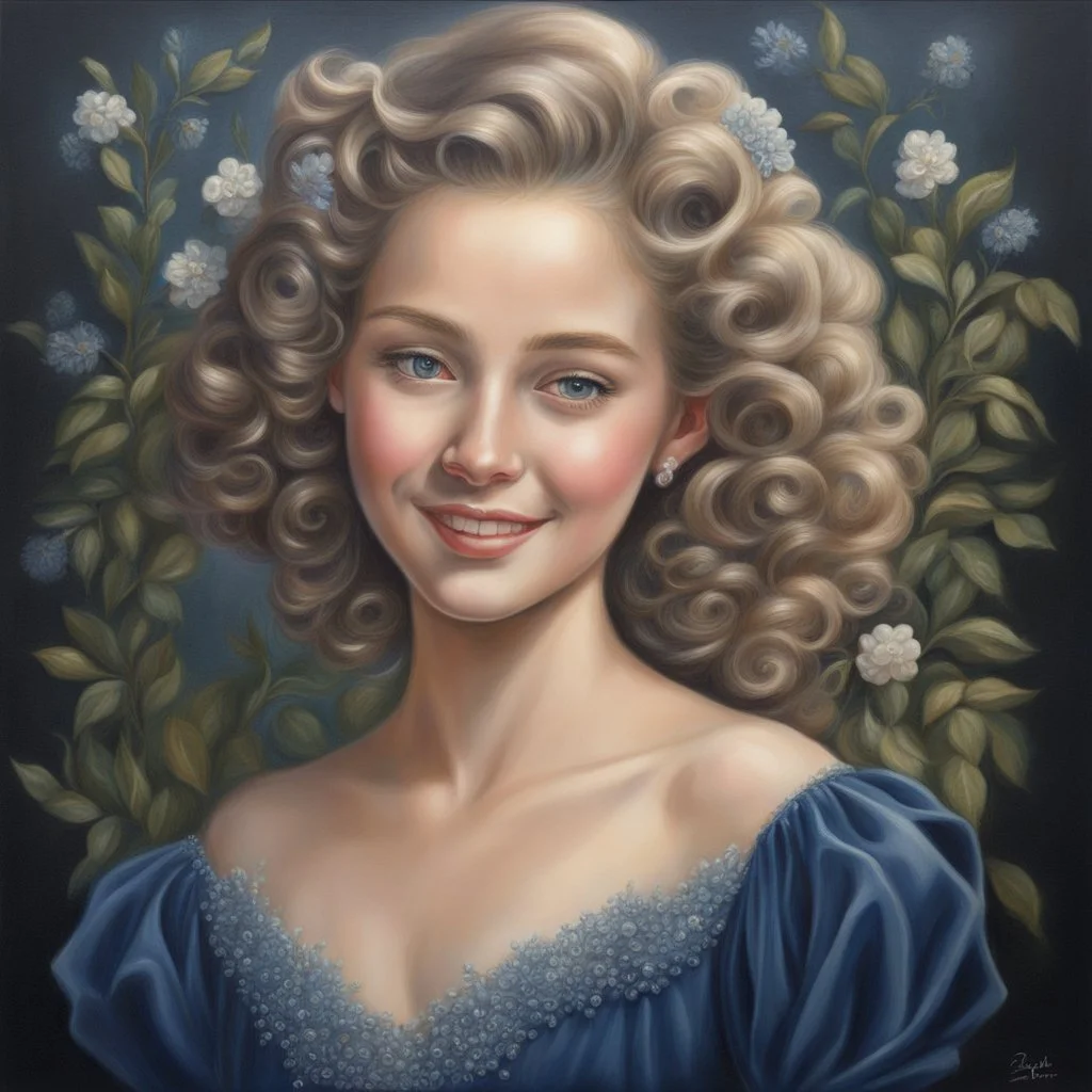 sweet, very fashionable girl, beautiful 20 years old, midnight blue beaded dress, pearl, flowers, light curls, curls, slicked back hair, sweet smile, olive bright eyes, perfect proportions, perfect face, perfect anatomy, perfect hands, sophisticated, backlight , atmospheric, oil painting, pastel pencil, volumetric hyperrealism, over-detailed, photorealistic, professional photography, high quality, clear focus playground