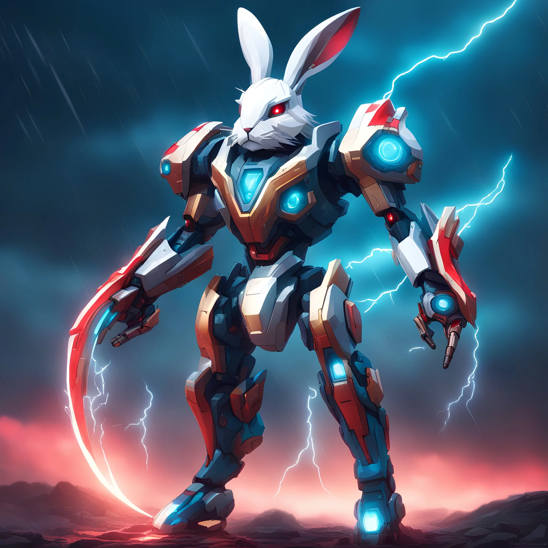 Bipedal creature resembling a rabbit with sleek silver hair vivid dark blue-teal eyes and waring white and red mecha armor with a mecha gold silver and blue scythe hoving in the sky during a storm in neon sparks cartoon art style