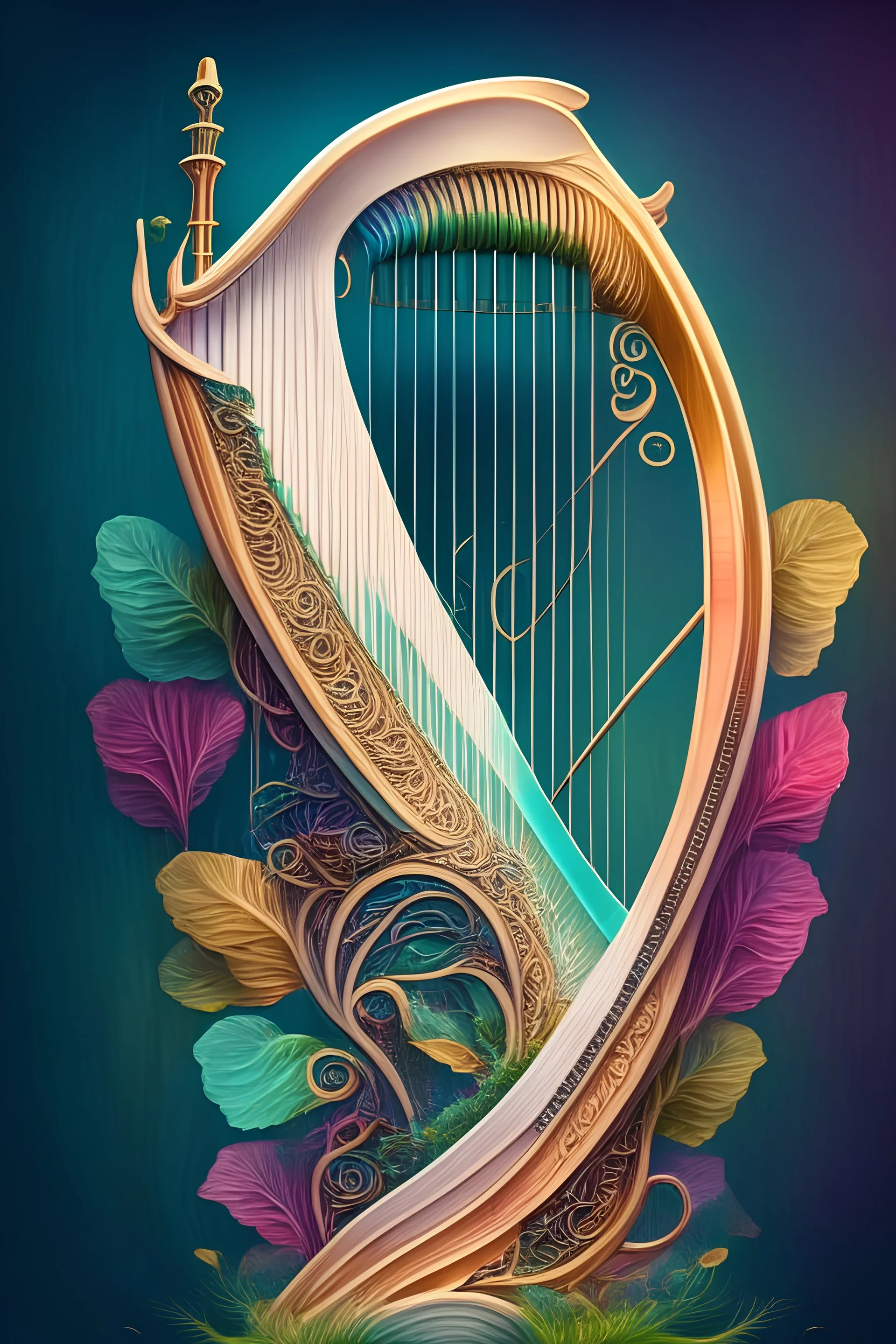 a beautiful harp surrounded by music and happiness