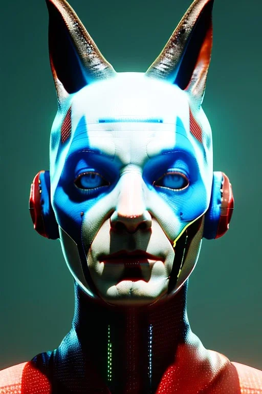 Medium Close Up Portrait, Front image. cyberpunk, rabbit mask, british woman, volcano hair. Latex suit army. white, red, color. Joker style. Color background, photo studio. Avatar image, highly detailed, concept art, smooth, unreal engine 5, ray tracing, RTX, lumen lighting, ultra detail, volumetric lighting, 3d, finely drawn, high definition, high resolution.